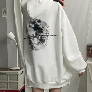 Vuja de 純棉連帽衛衣 大學t 薄衛衣 oversize 大學t 長袖 秋冬上衣 月球印花 潮流衣服 刷毛 衣服女