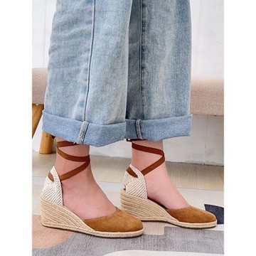 草編坡跟麻底鞋女歐美夏季新款女真皮羊反絨包頭綁帶休閑高跟涼鞋