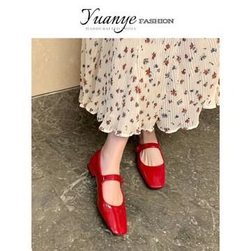 原野Yuanye●真皮方頭平底瑪麗珍小紅鞋女春秋新款一字帶淺口單鞋