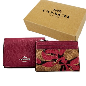 COACH 經典LOGO拉鍊零錢袋2合一短夾附禮盒(花卉粉)
