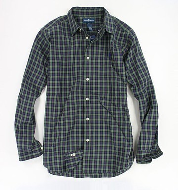 美國百分百【全新真品】Ralph Lauren RL polo 深色 綠 格紋 長袖 襯衫 男 上衣 XS號 超取 a