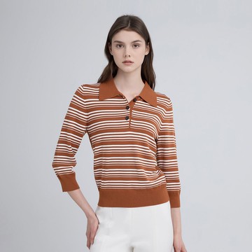 ILEY伊蕾 翻領撞色條紋縲縈針織上衣(咖；M-XL)