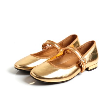 全真皮鏡面圓頭瑪莉珍-金