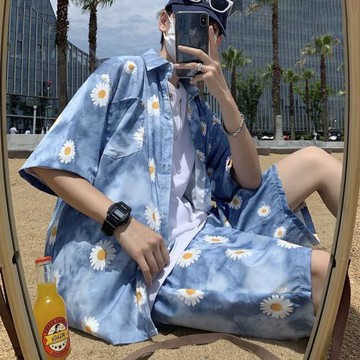 休閑運動套裝男士夏季印花襯衫沙灘短褲搭配一套高級感情侶兩件套