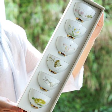 手繪茶杯釉下彩陶瓷品茗杯白瓷茶具功夫小茶杯6只套裝家用喝茶杯