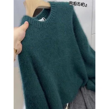 歐貨復古圓領慵懶風藍綠馬海毛長袖毛衣女2024秋冬新款寬松上衣潮