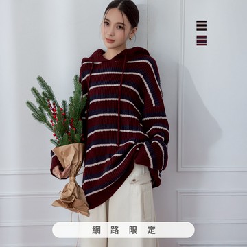 niceioi 美式街趣落肩款抽繩連帽條紋針織上衣