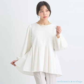 【earth music】異素材百褶下擺拼接圓領上衣