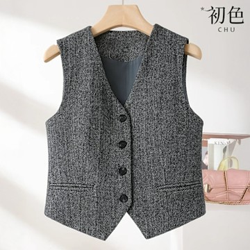 初色 復古英式毛呢無袖背心單排釦馬甲外套女外套-共2色-10845(M-2XL可選)