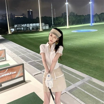 短袖POLO衫白色T恤高腰短裙半身裙運動休閑高爾夫球服裝女兩件套