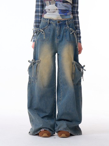 ziziFei設計感美式多口袋蝴蝶結高腰顯瘦直筒闊腿工裝牛仔長褲女