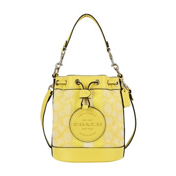 COACH 圓標LOGO緹花拼接皮革手提/斜背兩用水桶包（迷你/復古黃） _廠商直送
