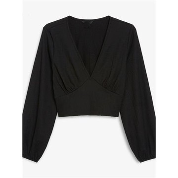 諾諾E站【MK】秋裝純色時尚V領休閑長袖短款性感露臍襯衫上衣女