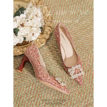 粗跟婚鞋不累腳秀禾新娘鞋主婚紗兩穿中式新款伴娘日常可穿高跟鞋