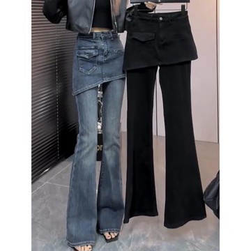 假兩件微喇牛仔褲女秋冬款加絨加厚梨形身材馬蹄褲大碼彈力喇叭褲