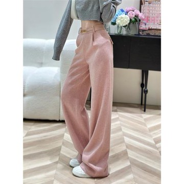 Anran kiss高級感粉色羊毛闊腿褲女秋冬新款高腰垂墜休閑拖地褲子