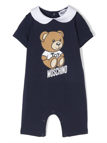 Moschino Kids - logo-print short-sleeve romper - kids - Cotton/Elastane - 6-9 - Blue