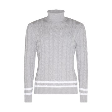 Eleventy - Light Grey And White Virgin Wool Stripe Cable Knit Sweater