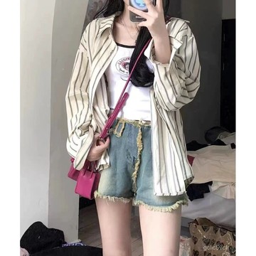 美式複古條紋襯衫 格紋長袖襯衫 秋冬季寬鬆襯衫 長版襯衫 休閒格子襯衣 外套女 情侶襯衫 雪紡 女襯衫 長袖 上衣