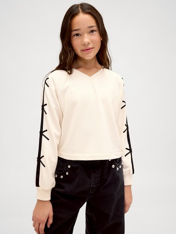 女童裝 印花V領長袖T恤-象牙白