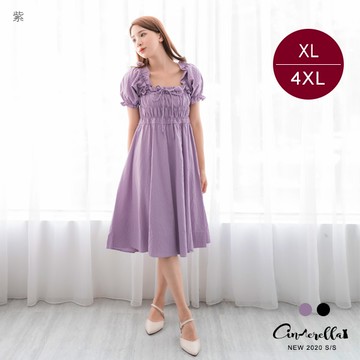 【SUC293】0710抓皺荷葉一字領公主袖松緊腰細格洋裝(預購)