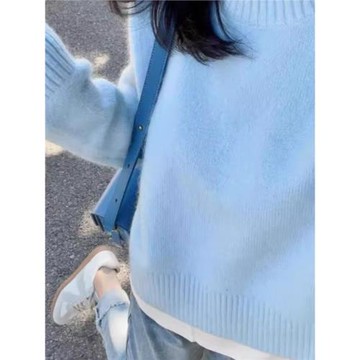 奶油藍！藍色圓領外穿打底厚實毛衣女小個子溫柔慵懶風韓版寬松型