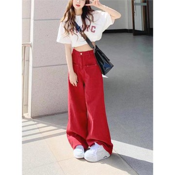 美式復古街頭紅色牛仔褲子女春秋季辣妹潮酷高腰直筒闊腿休閑褲子