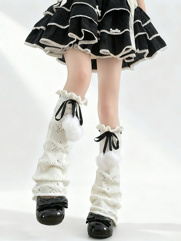 【Y2K甜酷】Lolita襪子 堆堆襪 小腿襪 中筒襪 闊腿襪 蝴蝶結毛球 鏤空設計 小腿套 甜辣風穿搭 日常百搭