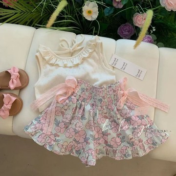 🌸YR🌸 兒童套裝 女童短袖套裝 中小童套裝 女寶寶套裝裙洋氣公主甜美碎花奶萌網紅夏季薄款無袖背心套裝褲裙