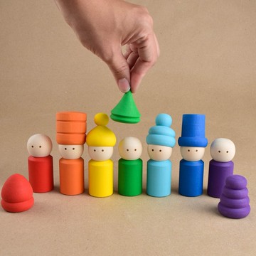 蒙特梭利木製顏色分類玩具彩虹釘娃娃小矮人侏儒獨特