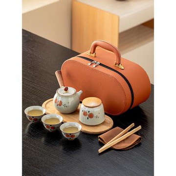 (免運)哥窯手繪柿子旅行茶具側把陶瓷功夫泡茶壺茶杯戶外露營便攜式收納