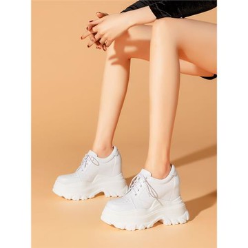 2025新款真皮超高跟12cm內增高老爹鞋女運動風時尚單鞋白色松糕鞋