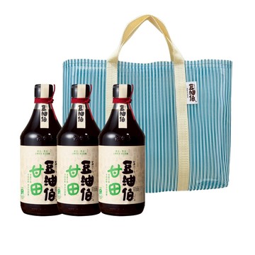 【豆油伯】復古提袋組-甘田釀造醬油（薄鹽）500mlx3＋復古袋 x1 （復古袋，花色隨機）_廠商直送