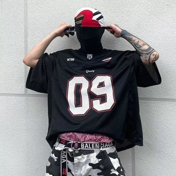 現款免運 大碼美式球衣 冰球服 橄欖服 數字球衣 美式高街09號數字冰球服男網紗透氣休閒寬鬆情侶短袖運動上衣T恤Jh