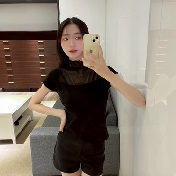 立領網紗假兩件上衣【09】Sandy33實拍春夏新款韓系INS休閒百搭氣質透膚上衣 小立領上衣 短袖上衣 針織上衣針織衫
