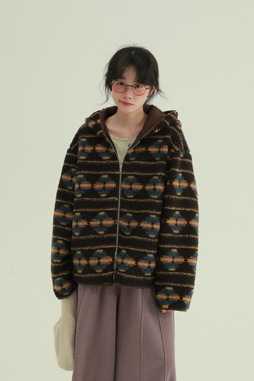 深咖色 星河童夢 菱形連帽搖粒絨外套 復古寬鬆休閒減齡上衣