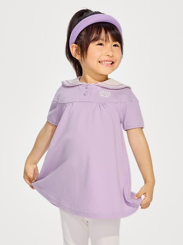 女幼童裝 Logo翻領短袖洋裝-紫色