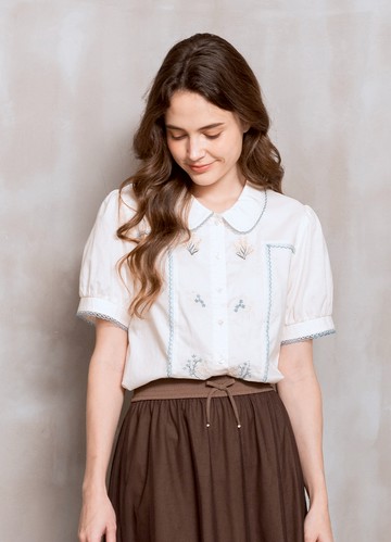 田園小清新刺繡翻領柔棉襯衫