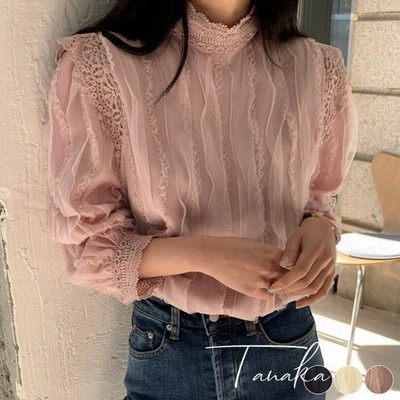 ブラウス レディース レース 長袖 レースブラウス ハイネック エレガント トップス ふんわり 黒 ベージュ ピンク 春 韓国ファッション メール便 通販 Lineポイント最大get Lineショッピング