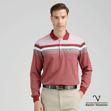 Emilio Valentino 范倫鐵諾男裝精梳棉胸袋薄長袖POLO衫_紅灰白(21-4V8850)