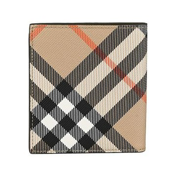 BURBERRY 內烙印LOGO塗層帆布搭羔羊皮內裡6卡對開短夾(米沙棕x內裡棕綠)