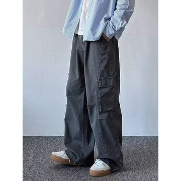 秋季新款百搭美式休閒工裝褲直筒長褲復古高街褲子男潮