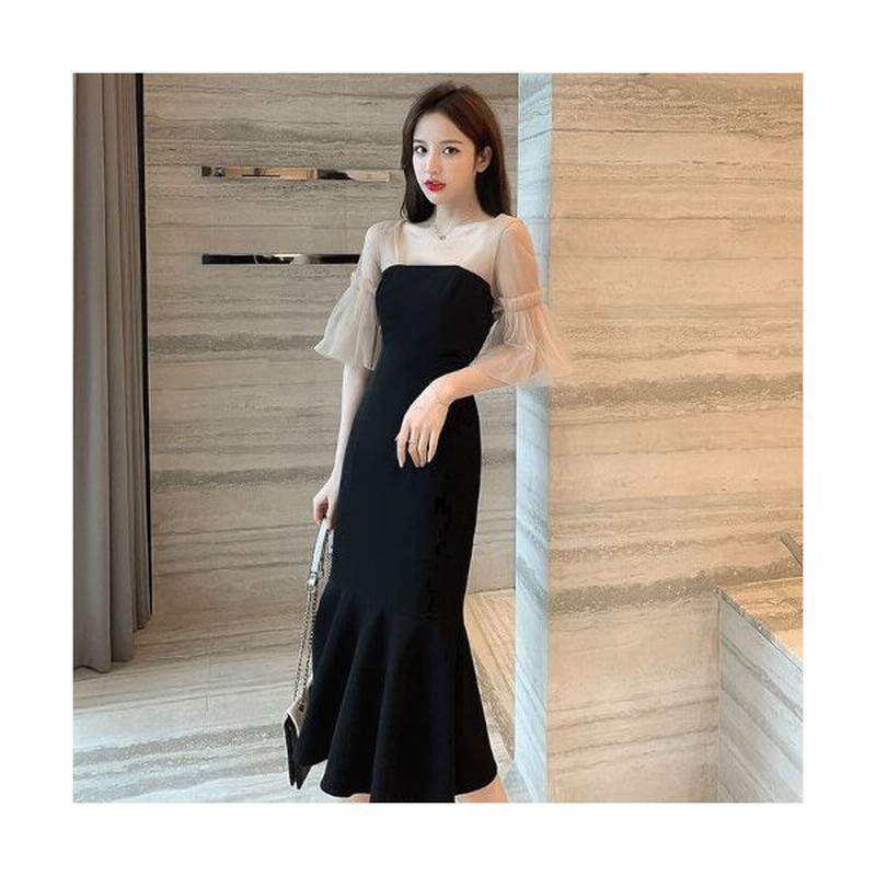 パーティードレス ワンピース ロング ミモレ丈 結婚式 演奏会 二次会 同窓会 お呼ばれ 大きいサイズ 袖あり 半袖 シースルー マーメイドスカート フリル 無地 通販 Lineポイント最大0 5 Get Lineショッピング