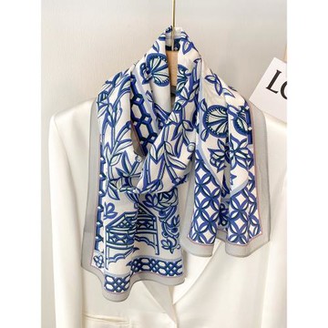 青花真絲絲巾女小長條100%桑蠶絲春秋季洋氣百搭杭州絲綢飄帶圍巾