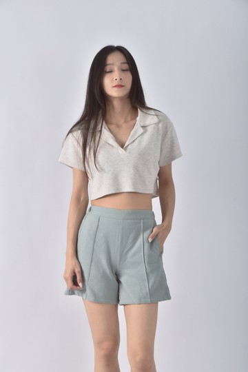 (S) 高腰素色綠色短褲