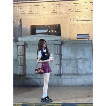美式甜辣妹jk制服學院風套裝女夏季背心格紋裙顯瘦收腰襯衫三件套