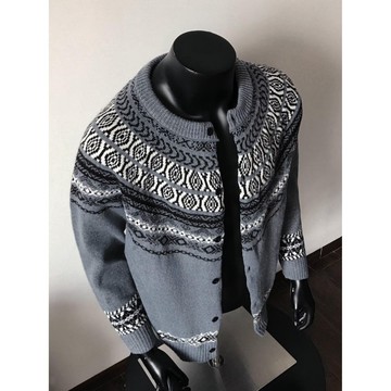 復古費爾島提花毛衣小外套男圓領設計感針織長袖上衣男