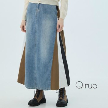 【Qiruo 奇若】秋冬專櫃牛仔裙2506B 時髦拼接造型