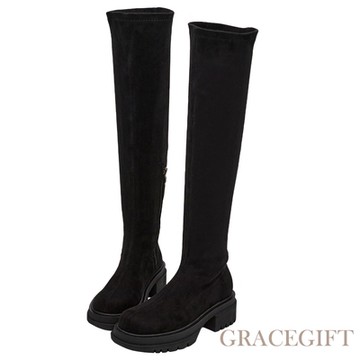 【Grace Gift】顯瘦秘訣中車線絨布厚底膝上靴 黑