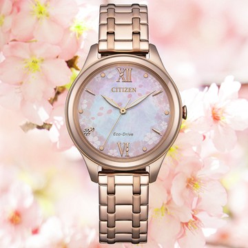 CITIZEN 星辰 LADYS 光動能 粉紅櫻花 白蝶貝女錶 EM0508-98W